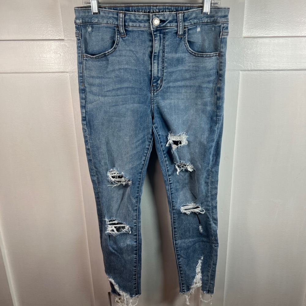 American Eagle Super Hi-Rise Jegging Crop Distressed Jeans Blue Size 12 Regular